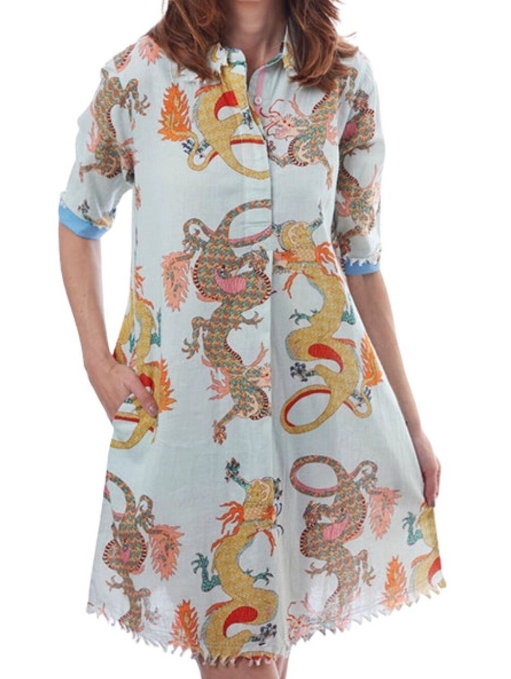 Dizzy Lizzie Chatham Ice Blue Dragon Print Frayed Trim Linen Blend Shirt Dress